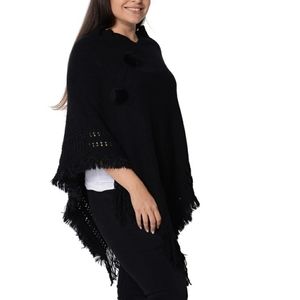 LUX Black V-Shape Fringe Poncho With Pom Poms